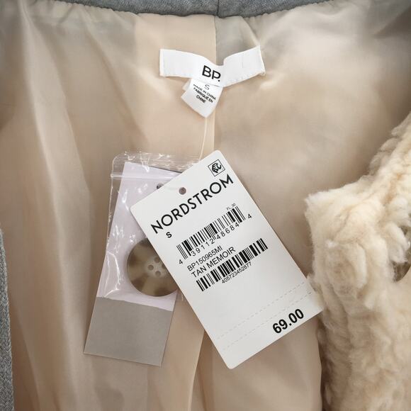 BP. NWT Hooded Tan Memoir Teddy Coat Jacket  Button Up Size Small gray hood - Picture 3 of 7